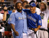 American League All-Star Prince Fielder #28 of the Detroit Tigers celebrates with pitcher Sandy Guerrero after winning the State Farm Home Run Derby at Kauffman Stadium on July 9, 2012 in Kansas City, Missouri. (Photo by Jamie Squire/Getty Images)