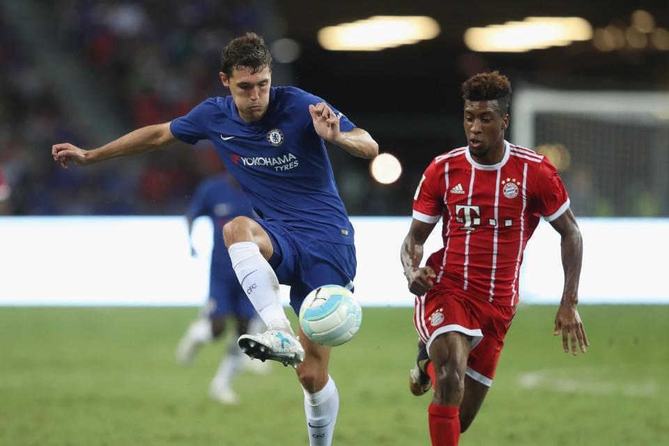 Reunion | Andreas Christensen, left, in Singapore against Bayern Munich’s Kingsley Coman, who he has faced in the Bundesliga in the past two seasons: Alexander Hassenstein/Bongarts/Getty Images