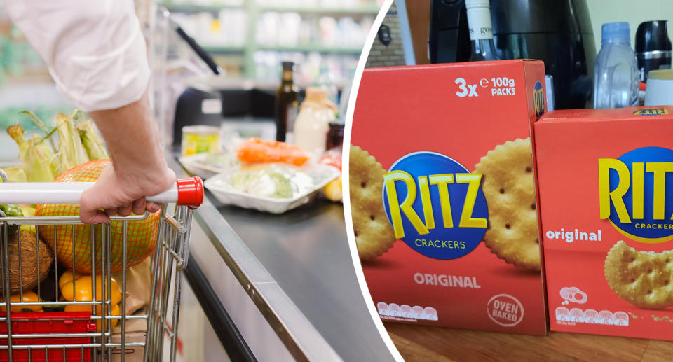 A composite image of a supermarket check out and Ritz packets showing the size difference.