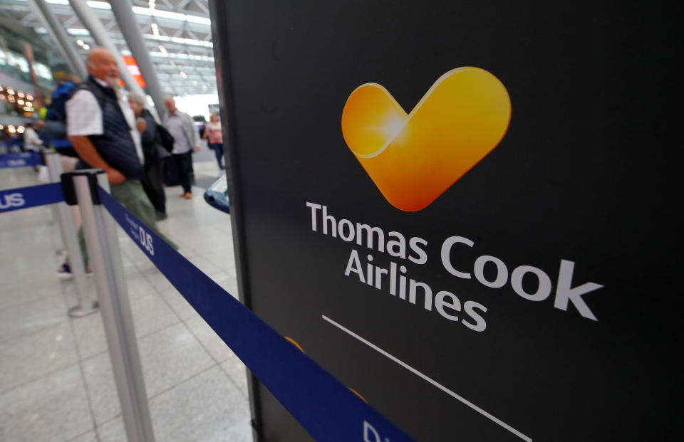 The Thomas Cook Airlines logo is seen at Duesseldorf Airport, Germany September 23, 2019.  REUTERS/Wolfgang Rattay