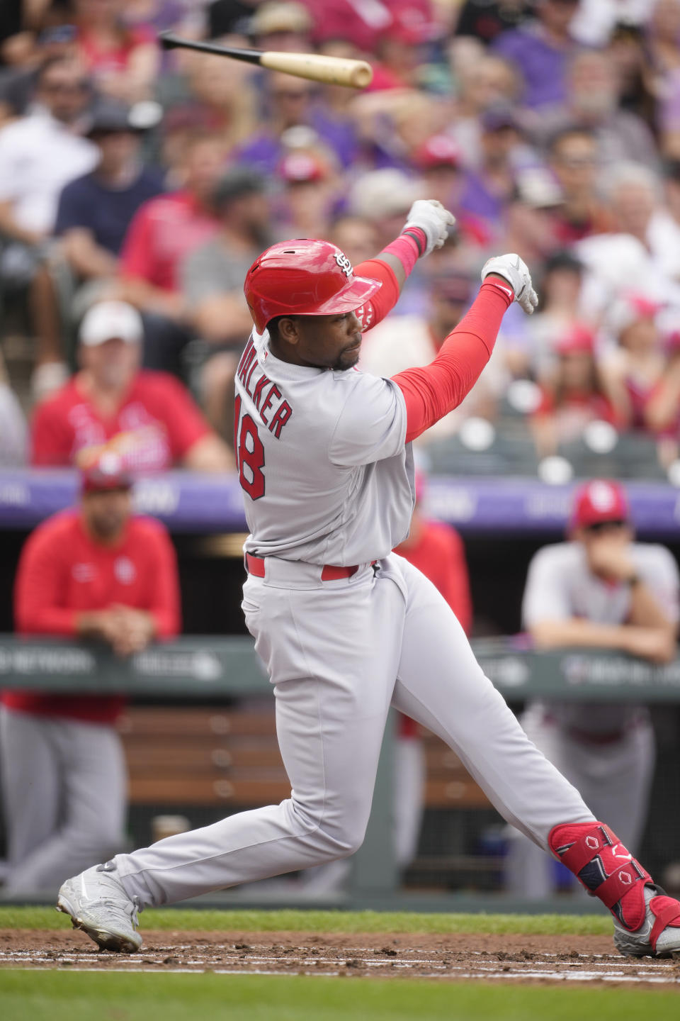 St. Louis Cardinals' Jordan Walker loses his bat while striking out against Colorado Rockies starting pitcher Jose Urena in the second inning of a baseball game, Wednesday, April 12, 2023, in Denver. (AP Photo/David Zalubowski