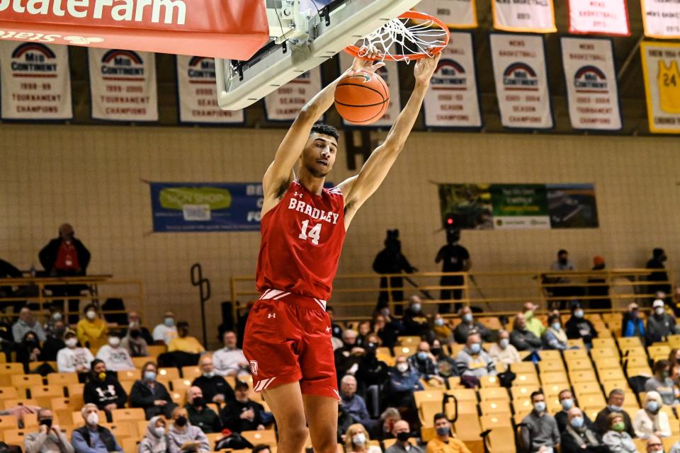 Bradley forward Malevy Leons jams to build a big lead during BU's 71-56 victory in an MVC game at Athletics Recreation Center in Valparaiso, Ind., on Jan. 26, 2022.