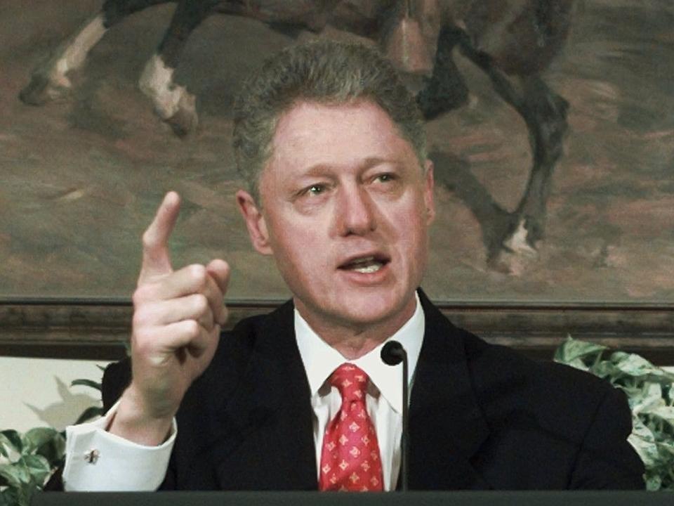 In this Jan. 26, 1998 file photo, President Clinton emphatically denies having a sexual relationship with Lewinsky during a White House event.