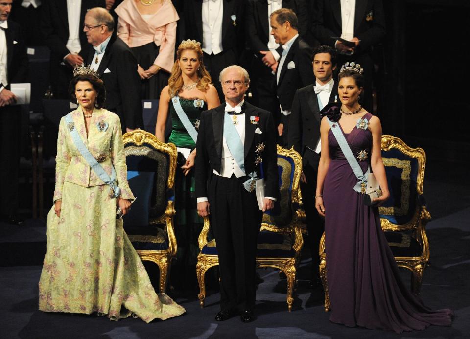 <p>In 2009, the royal family dressed up for the Nobel Prize award ceremony in Stockholm. Queen Silvia, Crown Princess Victoria, and Princess Madeleine had their gorgeous tiaras on display. </p>