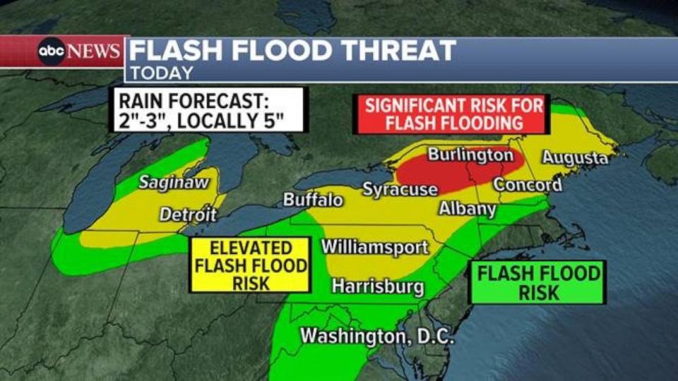 PHOTO: An ABC News graphic shows flash flood threats in the Northeast and Midwest United States on Wednesday, July 10, 2024. (ABC News)