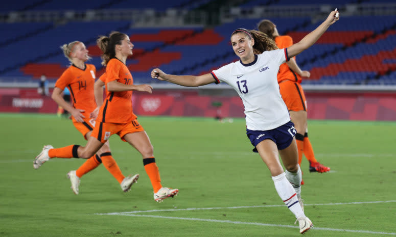 Alex Morgan celebrates a goal that gets called off.