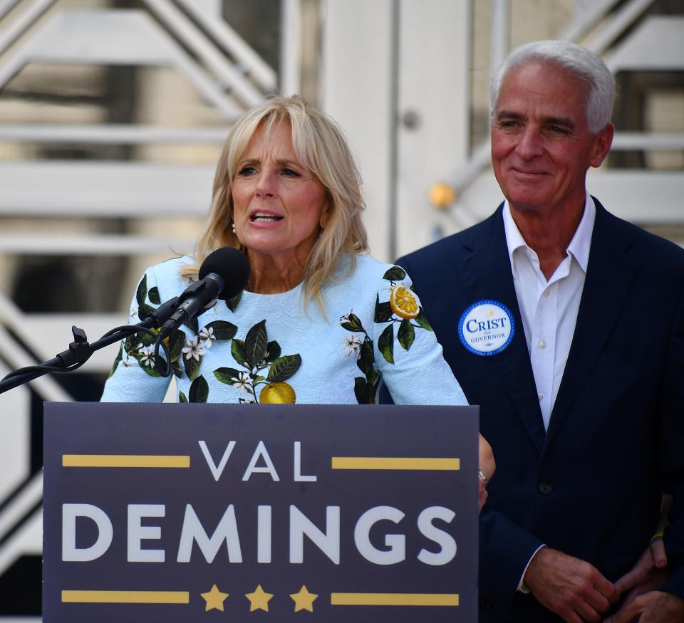 First lady Jill Biden campaigned for Florida Democrats, U.S. Senate candidate Rep. Val Demings and gubernatorial candidate Rep. Charlie Crist, on Oct. 15, 2022 in Orlando.