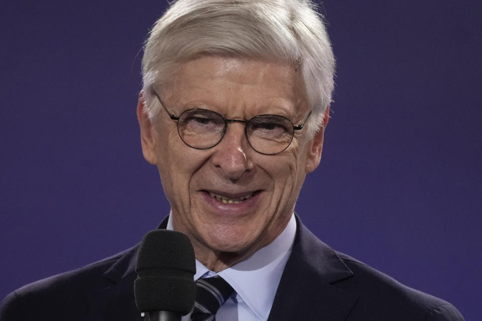 FIFA Chief of Global Soccer Development Arsene Wenger attends the draw for the Paris 2024 Olympic Soccer tournaments, Wednesday, March 20, 2024 in Saint-Denis, outside Paris. (AP Photo/Christophe Ena)