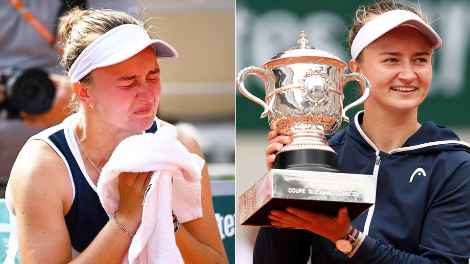 Pictured here, a teary Barbora Krejcikova holds the French Open trophy aloft.