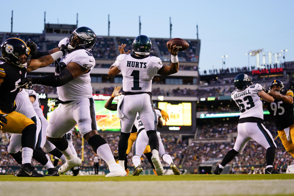 Philadelphia Eagles quarterback Jalen Hurts (1) passes the ball during the first half of a preseason NFL football game against the Pittsburgh Steelers Thursday, Aug. 12, 2021, in Philadelphia. (AP Photo/Matt Slocum)