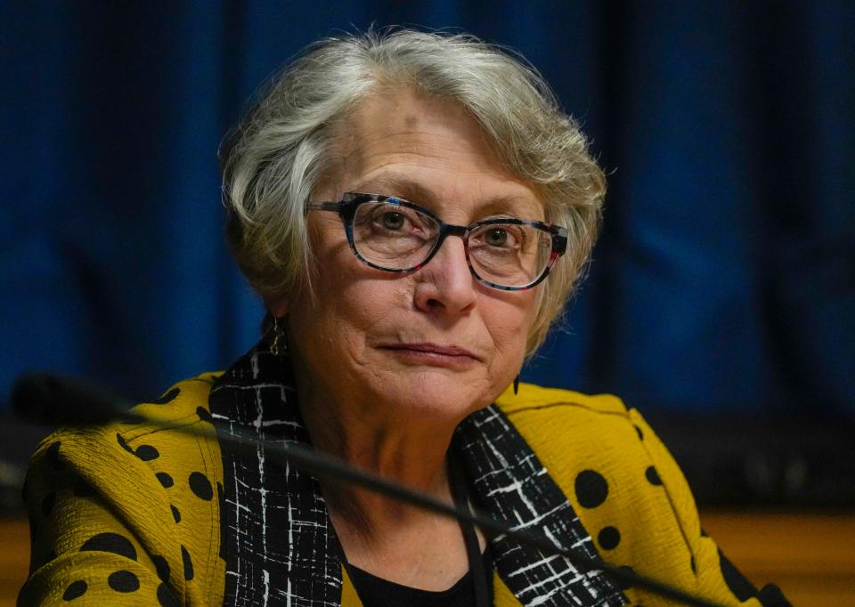 Commissioner Miriam Horwitz listens to public comments about the timely release of body camera footage for police shootings and other critical incidents at City Hall in Milwaukee on April 20, 2023.