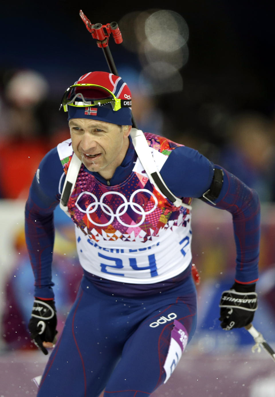 Norway's Ole Einar Bjoerndalen competes during the men's biathlon 10k sprint, at the 2014 Winter Olympics, Saturday, Feb. 8, 2014, in Krasnaya Polyana, Russia. (AP Photo/Lee Jin-man)