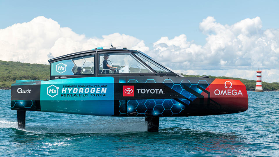 Emirates Team New Zealand’s AC40 race yacht (side view) Te Kakahi, Saling on Auckland's Hauraki Gulf