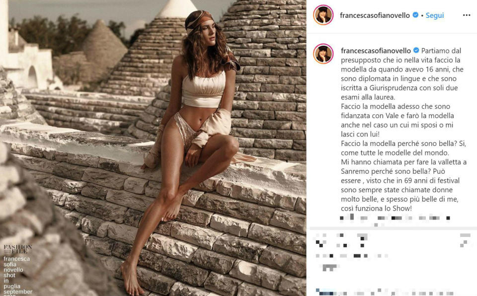 "A Sanremo perché sono la ragazza di Vale? Forse. Per me è lavoro - scrive la 25enne su Instagram - Partiamo dal presupposto che io nella vita faccio la modella da quando avevo 16 anni, che sono diplomata in lingue e che sono iscritta a Giurisprudenza con soli due esami alla laurea...".