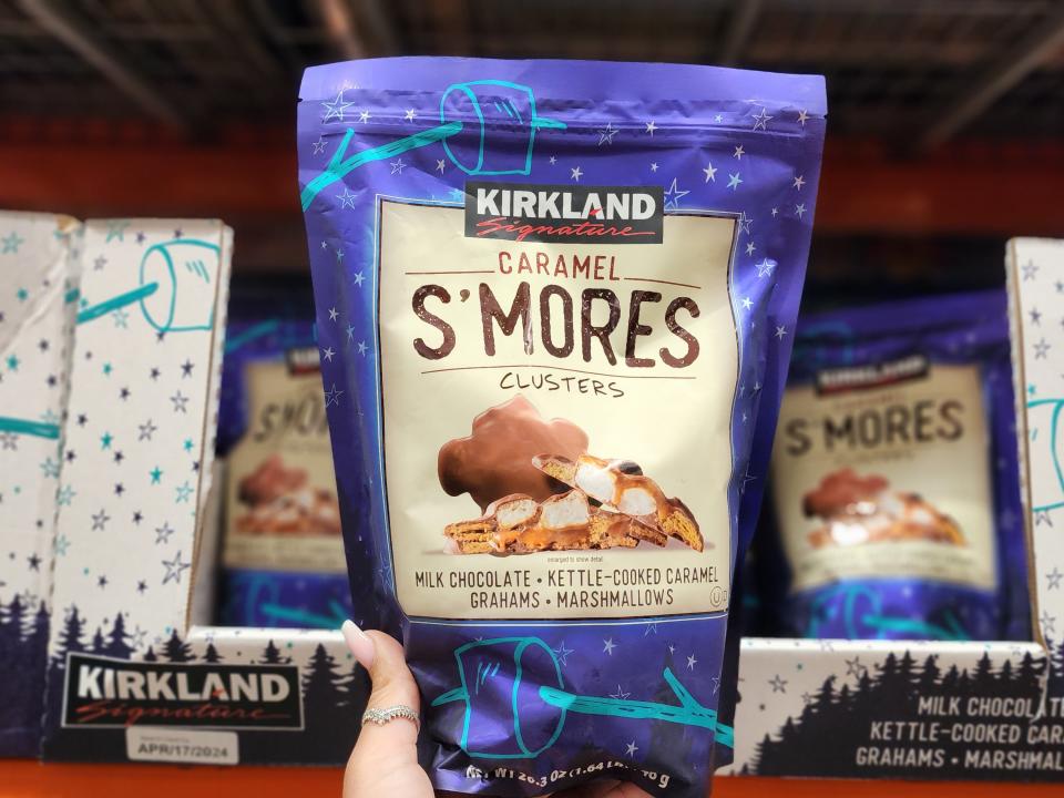 A blue bag of Kirkland Signature s'mores clusters