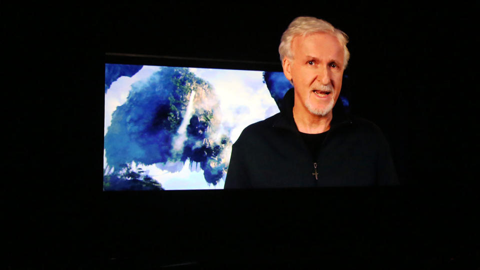 James Cameron speaks via video message about the upcoming 20th Century Studios movie ‘Avatar: The Way of Water’ during The Walt Disney Studios special presentation at Caesars Palace during CinemaCon. - Credit: Gabe Ginsberg/WireImage