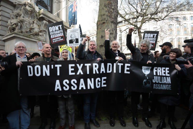 Britain's High Court will hear the Julian Assange extradition case next week. Activists including Vivienne Westwood, John Shipton and Roger Waters shown protesting Assange's extradition Feb. 22, 2020 in London. File photo by Hugo Philpott/UPI