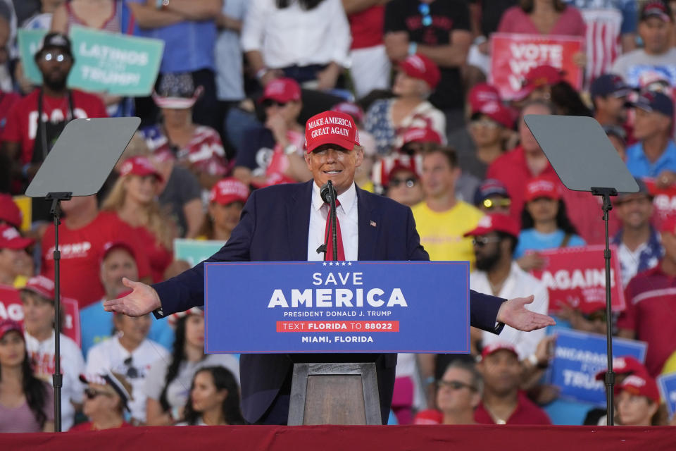 Former President Donald Trump speaks at a campaign rally in support of the campaign of Sen. Marco Rubio, R-Fla., at the Miami-Dade County Fair and Exposition on Sunday, Nov. 6, 2022, in Miami. (AP Photo/Rebecca Blackwell)