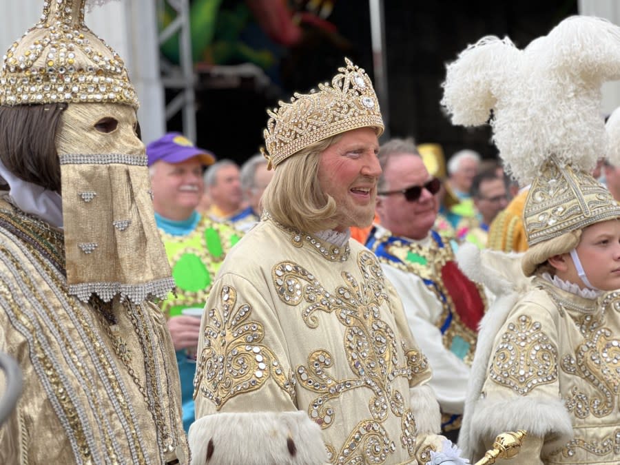 The Rex, King of Carnival flag raising ceremony on Mardi Gras Day, Tuesday, Feb. 13, 2024. (WGNO/Zach Labbe)
