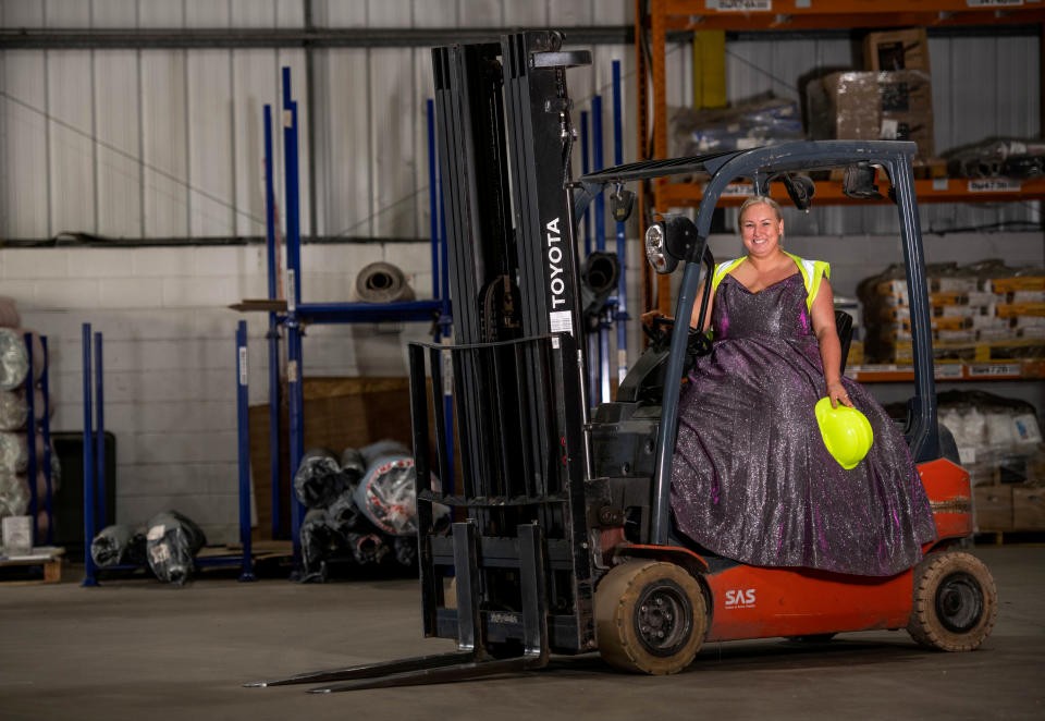 Webber says the glamour of her pageantry life is a huge contrast to her day job at a flooring company where she is forklift driver. (Emma-Jay Webber/SWNS)