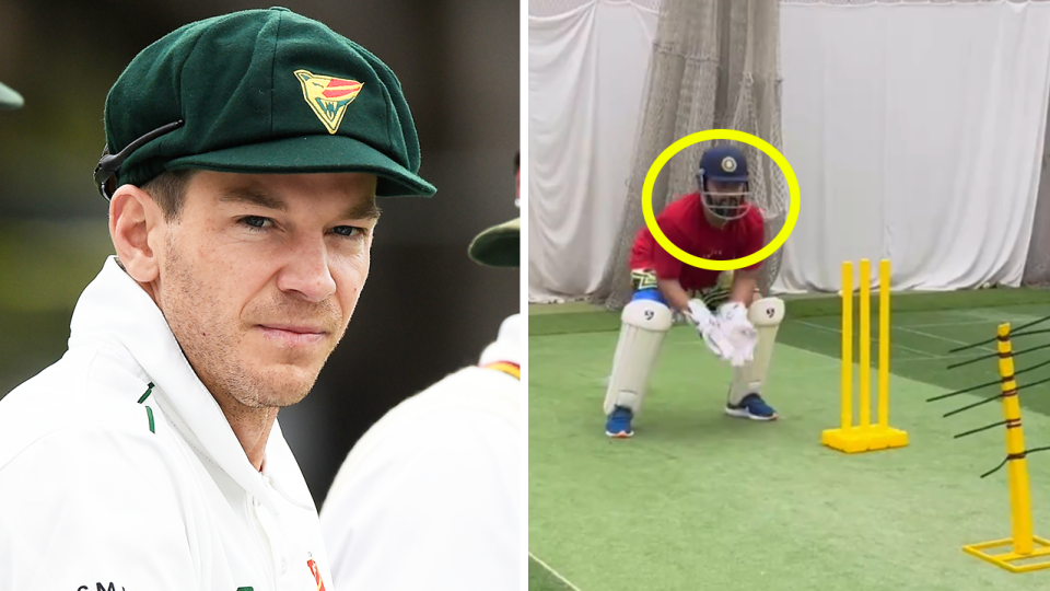 Tim Paine reacts and Rishabh Pant behind the stumps.
