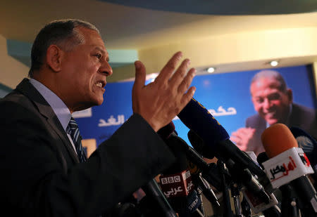 Mohamed Anwar Sadat, the nephew of late Egyptian President Anwar al-Sadat, speaks during a news conference in Cairo, Egypt January 15, 2018. Picture taken January 15, 2018. REUTERS/Mohamed Abd El Ghany