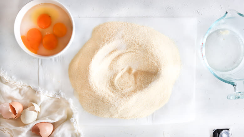 well of semolina on a cutting board