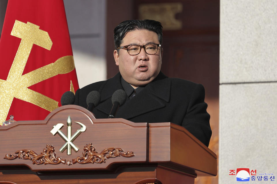 In this photo provided by the North Korean government, its leader Kim Jong Un speaks during an event for the 76th founding anniversary of the country's army at the defense ministry in North Korea, Thursday, Feb. 8, 2024. Independent journalists were not given access to cover the event depicted in this image distributed by the North Korean government. The content of this image is as provided and cannot be independently verified. Korean language watermark on image as provided by source reads: "KCNA" which is the abbreviation for Korean Central News Agency. (Korean Central News Agency/Korea News Service via AP)