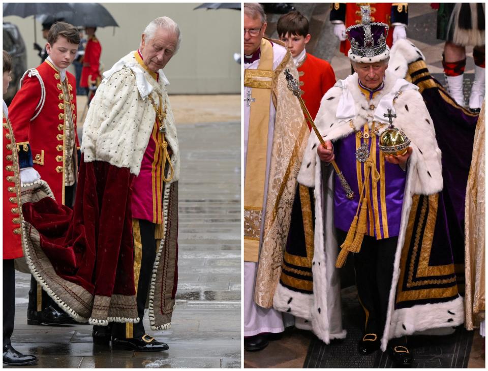 King Charles arriving at and leaving his coronation on May 6, 2023.