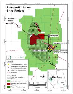 Map of Sturgeon Lake Lithium Brine Project, West-central Alberta with wells sample results by LithiumBank