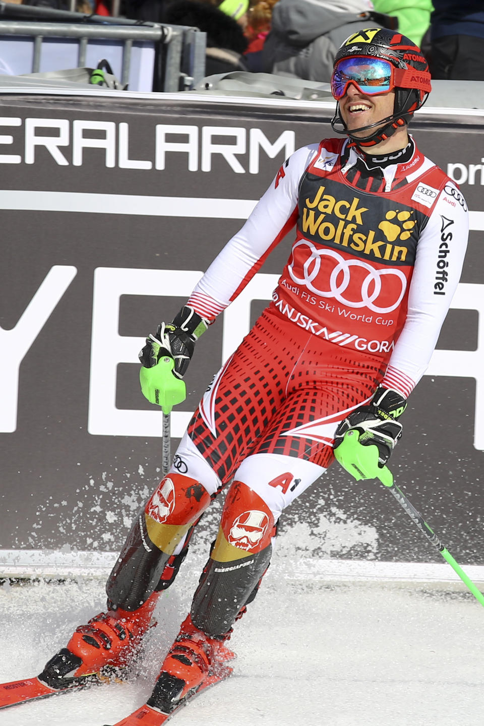 Austria's Marcel Hirscher reacts after crossing the finish line of an Alpine Skiing World Cup men's slalom, in Kranjska Gora, Slovenia, Sunday, March. 10, 2019. (AP Photo/Marco Trovati)