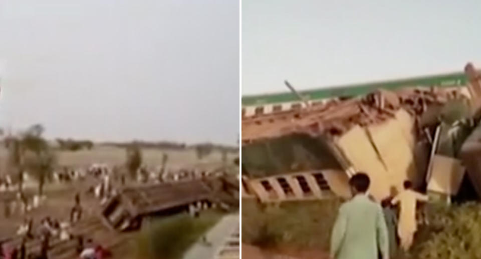 Stills of the crash scene where two express trains collided in Pakistan.