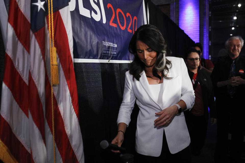 DETROIT, MI - MARCH 03:  Democratic presidential candidate U.S. Representative Tulsi Gabbard (D-HI) holds a Town Hall meeting on Super Tuesday Primary night on March 3, 2020 in Detroit, Michigan. Gabbard, the first Samoan American and first Hindu elected to Congress, is one of two women left in the Democratic Primary, the other being Senator Elizabeth Warren. (Photo by Bill Pugliano/Getty Images)