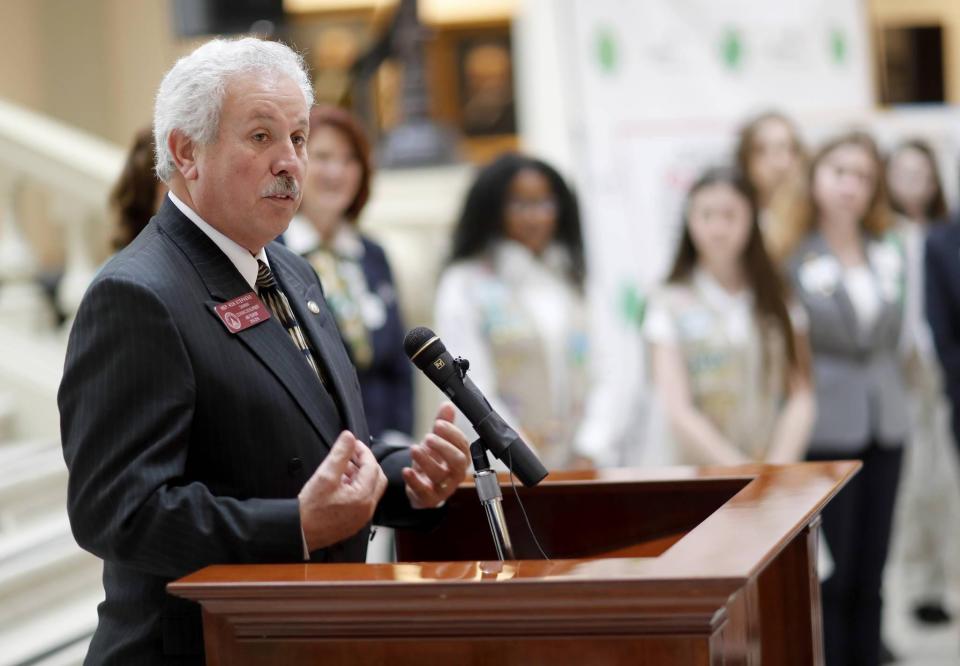 State Rep. Ron Stephens, R - Savannah, speaks during a rally at the Georgia Capitol to convince legislators to strip the name of segregationist former Gov. Eugene Talmadge from a Savannah bridge, Tuesday, Feb. 6, 2018, in Atlanta. Stephens introduced a bill to name the bridge after Juliette Gordon Low, who founded the Girl Scouts in the coastal city more than a century ago.