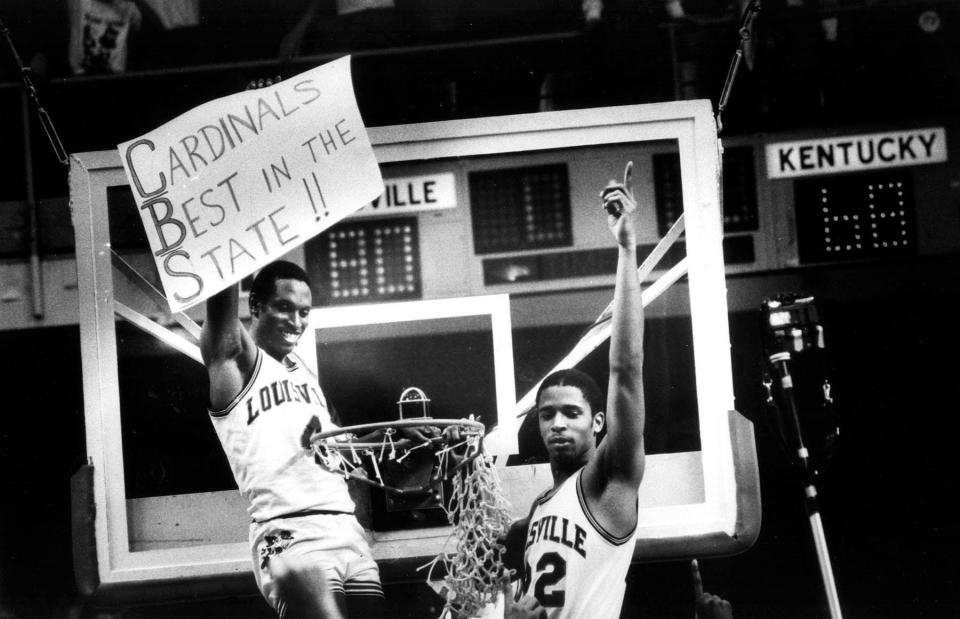 U of L's Lancaster Gordon, left, and Rodney McCray, right, celebrate their 1983 win over UK in Knoxville.
