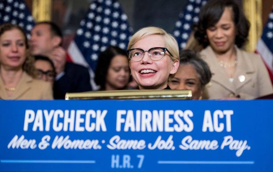 Michelle Williams speaks about the Paycheck Fairness Act on Capitol Hill in 2019