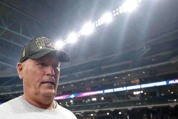 HOUSTON, TEXAS - NOVEMBER 02:  Manager Brian Snitker #43 of the Atlanta Braves celebrates the team's 7-0 victory against the Houston Astros in Game Six to win the 2021 World Series at Minute Maid Park on November 02, 2021 in Houston, Texas. (Photo by Carmen Mandato/Getty Images)