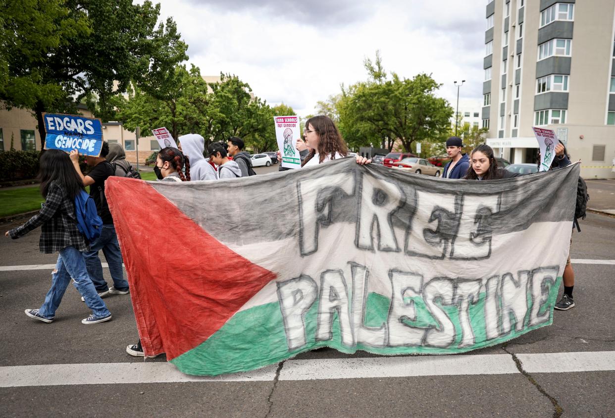 Students from North Salem High School left school Wednesday and marched to the Oregon State Capitol in support of Palestinians. The walkout coincided with International Workers Day, which highlighted support for housing for all, a pathway to citizenship for undocumented workers, fully funded public schools, union rights for every worker and a cease-fire in Gaza.