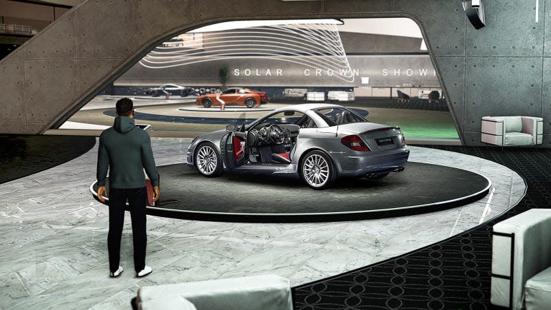 Image of a player avatar in a car dealership looking at a Mercedes-Benz SLK AMG from Test Drive Unlimited: Solar Crown.