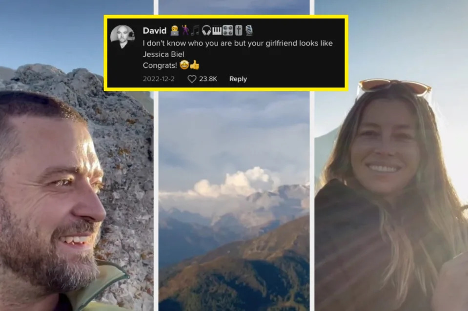 split screen of jessica and justin with mountains behind them and a screen grab of the comment