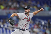 Atlanta Braves' Kyle Muller delivers a pitch during the first inning of the first game of a baseball doubleheader against the Miami Marlins, Saturday, Aug. 13, 2022, in Miami. (AP Photo/Wilfredo Lee)