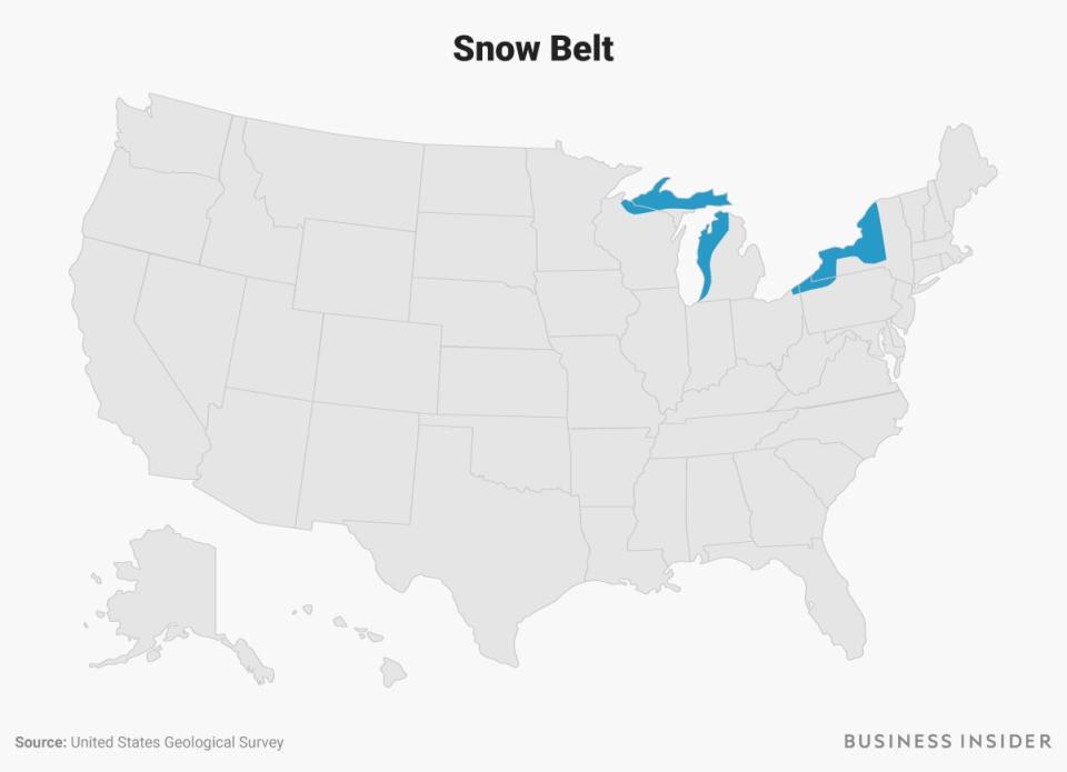 The Snow Belt region is highlighted in light blue on a US map.