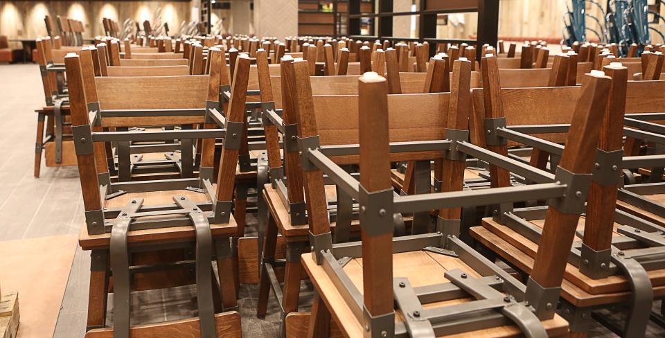 Stacked chairs in The Barnwood, a sit down breakfast/lunch spot at the Great Wolf Lodge Maryland location in Perryville, Md.