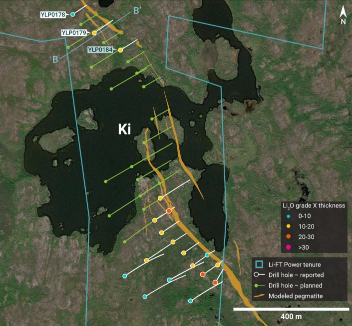 Plan view showing the surface expression of the Ki pegmatite with diamond drill holes reported in this press release.