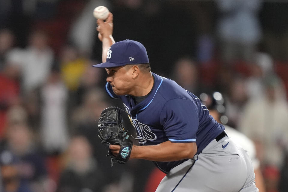 Tampa Bay Rays' Erasmo Ramírez delivers a pitch to a Boston Red Sox batter in the ninth inning of a baseball game Thursday, May 16, 2024, in Boston. (AP Photo/Steven Senne)