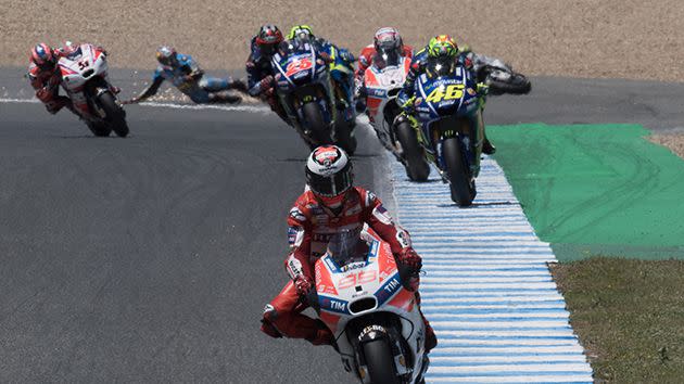 Miller comes off his bike. Image: Getty