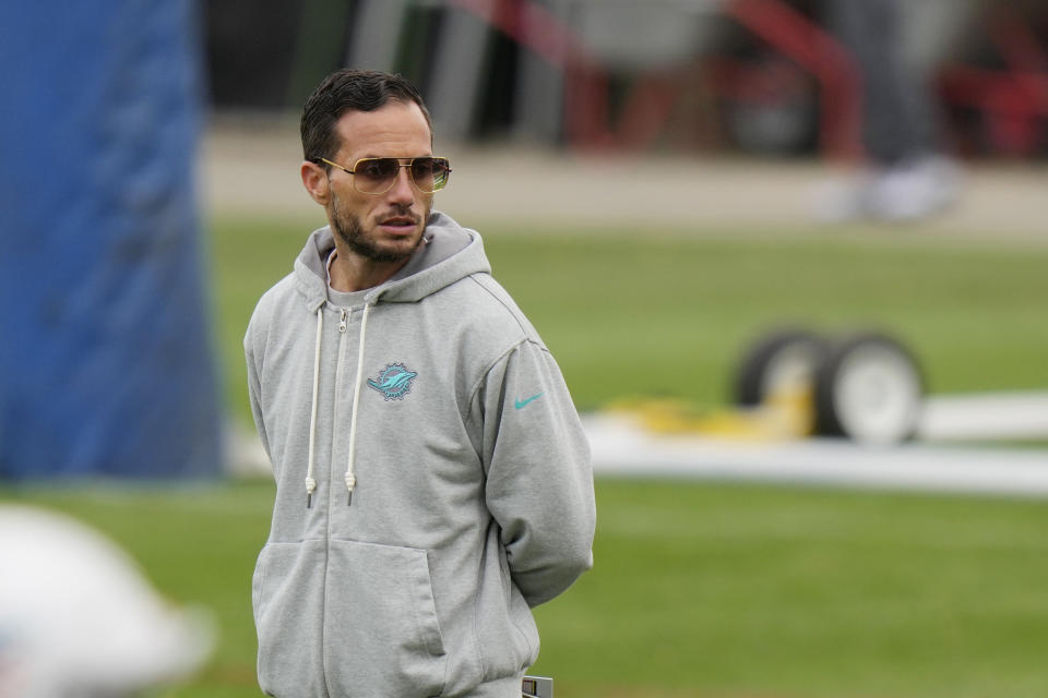 Miami Dolphins head coach Mike McDaniel looks on during a practice session in Frankfurt, Germany, Friday, Nov. 3, 2023. The Miami Dolphins are set to play the Kansas City Chiefs in a regular season NFL game in Frankfurt on Sunday. (AP Photo/Doug Benc)