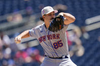 New York Mets relief pitcher Stephen Nogosek throws during the third inning of the continuation of a suspended baseball game against the Washington Nationals at Nationals Park, Sunday, May 14, 2023, in Washington. (AP Photo/Alex Brandon)