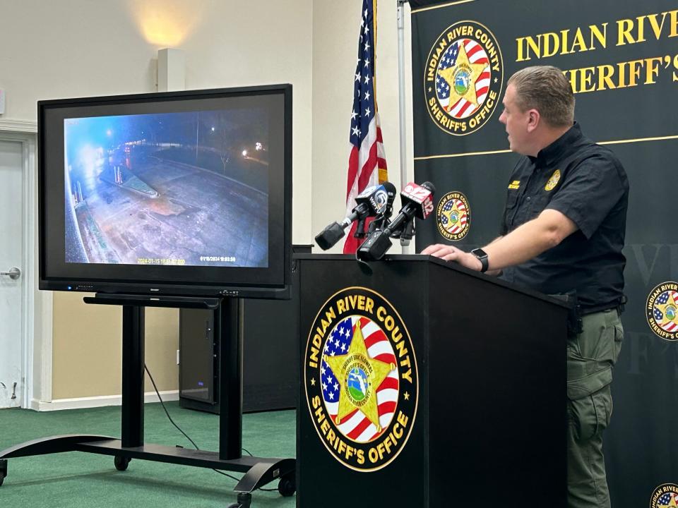 Indian River County Sheriff Eric Flowers shows a surveillance video detectives used in their case against Eugene Bain, 65, charged with killing David “Hippee” Schultz outside a Gifford funeral home Jan. 15, 2024.