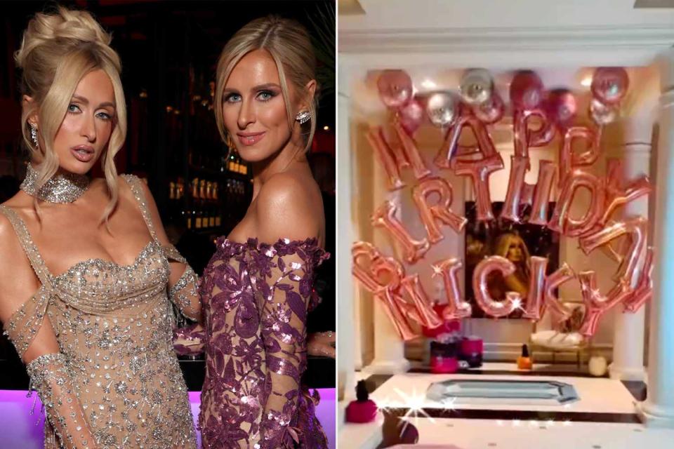 <p>Kevin Mazur/VF24/WireImage; Paris Hilton/Instagram </p> Paris and Nicky Hilton; birthday balloons for Nicki